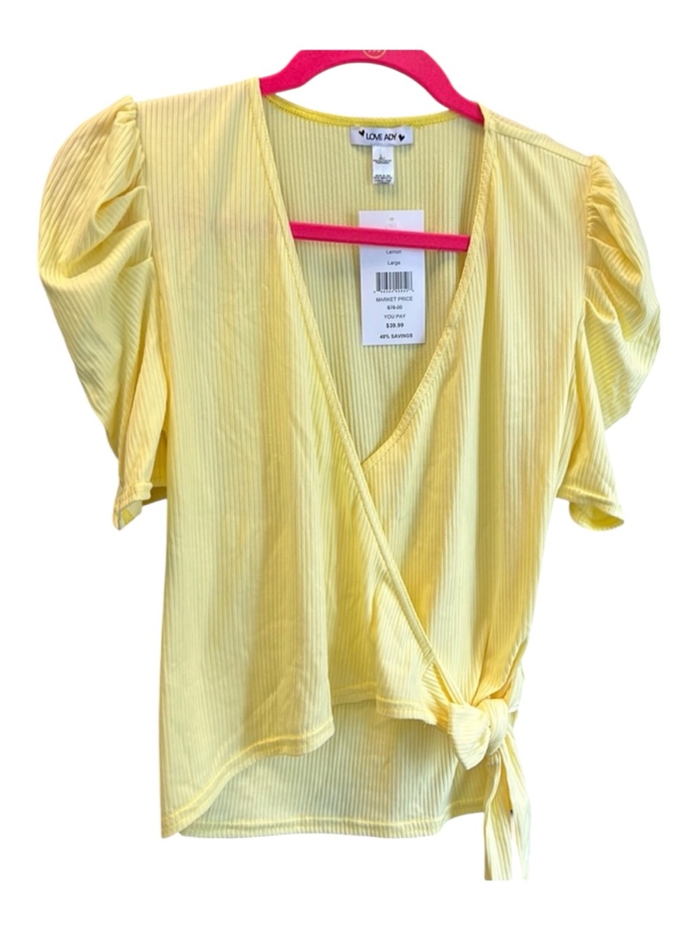 NWT Love Ady Yellow Ribbed Wrap Tie Blouse Sz L